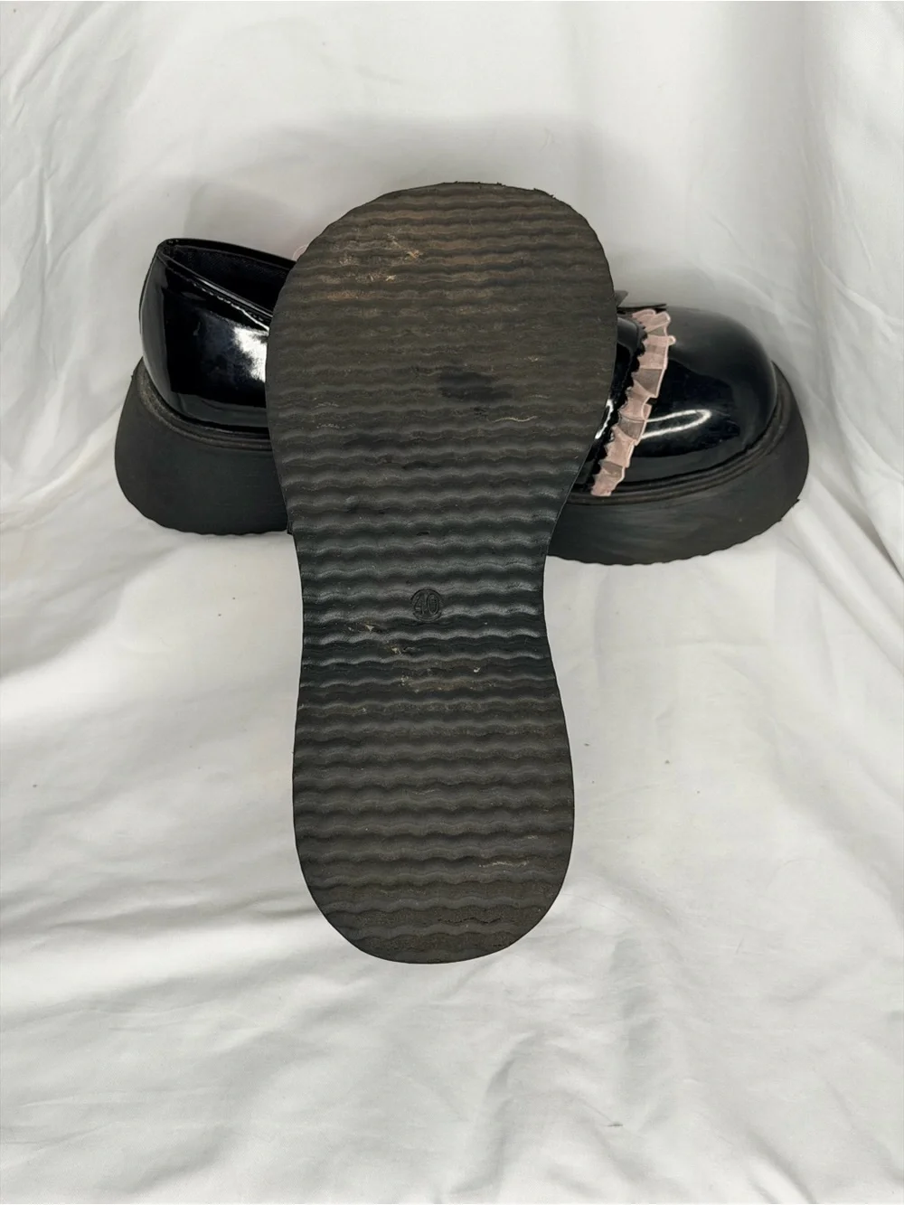 Bow Decor Frill Trim Patent Platform Mary Janes Black Pink Size 8.5